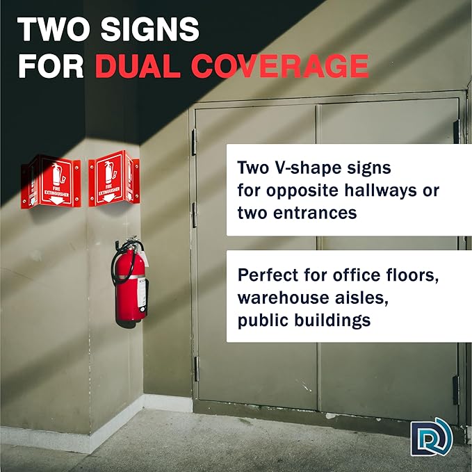 2 PC Fire Extinguisher Signs, 6 Inch Fire Extinguisher Two-Sided Acrylic Projecting V-Sign with Down Arrow, Including Screws