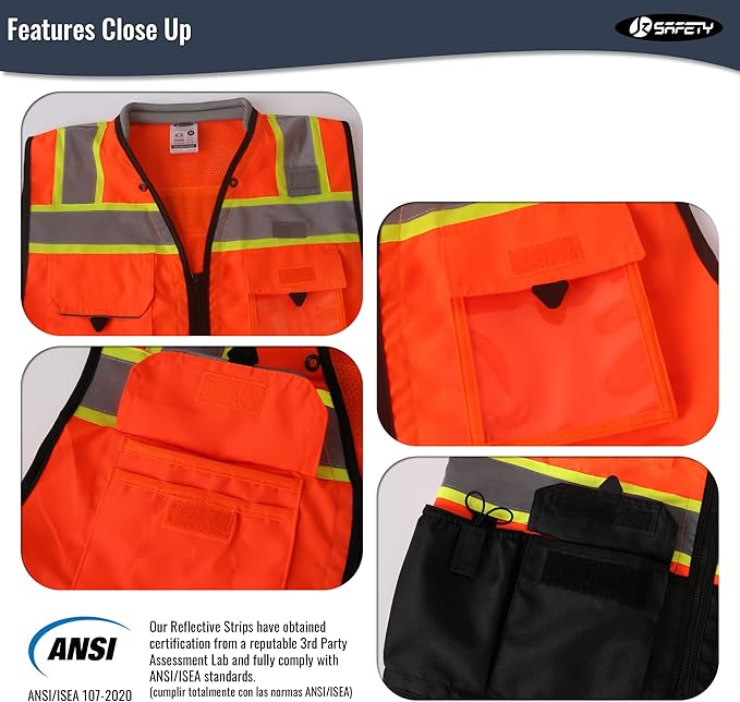 JKSafety Hi-Vis Unisex Surveyor Safety Vest Heavy Duty PPE Inner Pockets ANSI/ISEA Compliant
