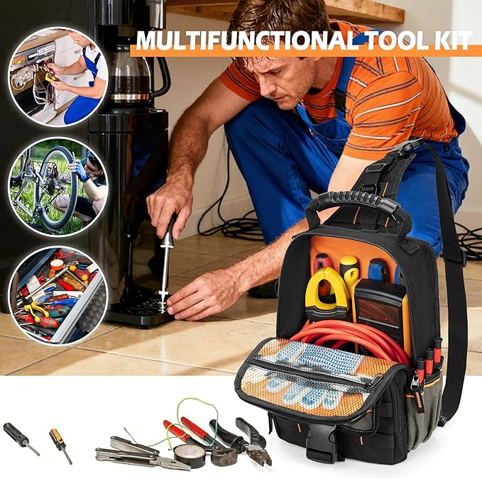 Electrician Tool Pouch Bag, Zippered HVAC Tool Organizer with Ergonomic Handle and Shoulder Strap for Maintenance Repair Technicians, Black