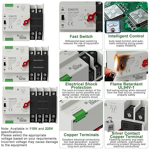 AC110V 100Amp Automatic/Manual Transfer Switch 2P 50/60Hz, 2Poles Mini ATS Auto Dual Power Switch Automatic Changeover Fast Transfer for Home Generator, Soalr, Rv and Lv Power