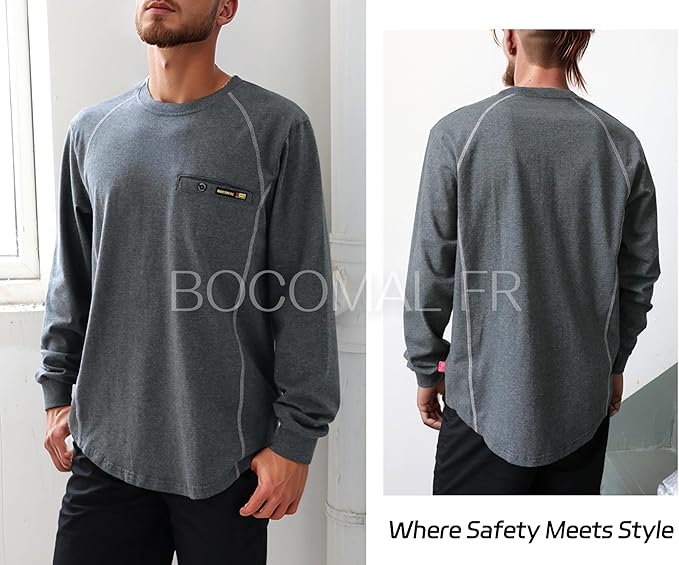 BOCOMAL FR Shirts for Men Melt Pocket Lightweight Crew T-Shirt NFPA2112/CAT2 Fire Resistant Work Shirt
