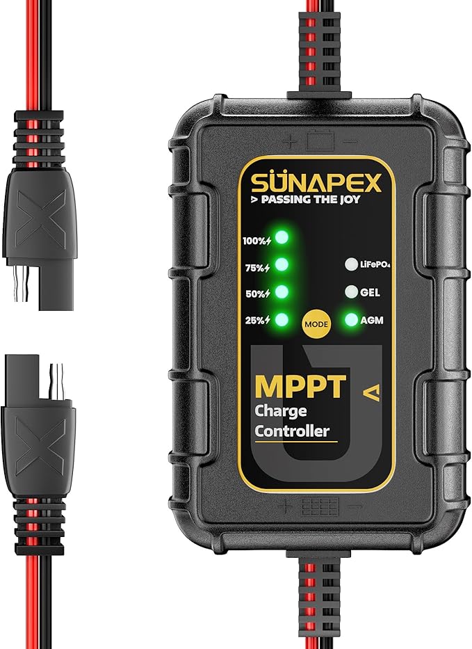 SUNAPEX 12V MPPT Solar Charge Controller, Solar Panel Regulator with SAE Connectors, Compatible with SUNAPEX 15W, 25W, 50W Solar Panels, or Other Solar Panels Within 50W, for Gel, AGM,LiFePO₄Battery