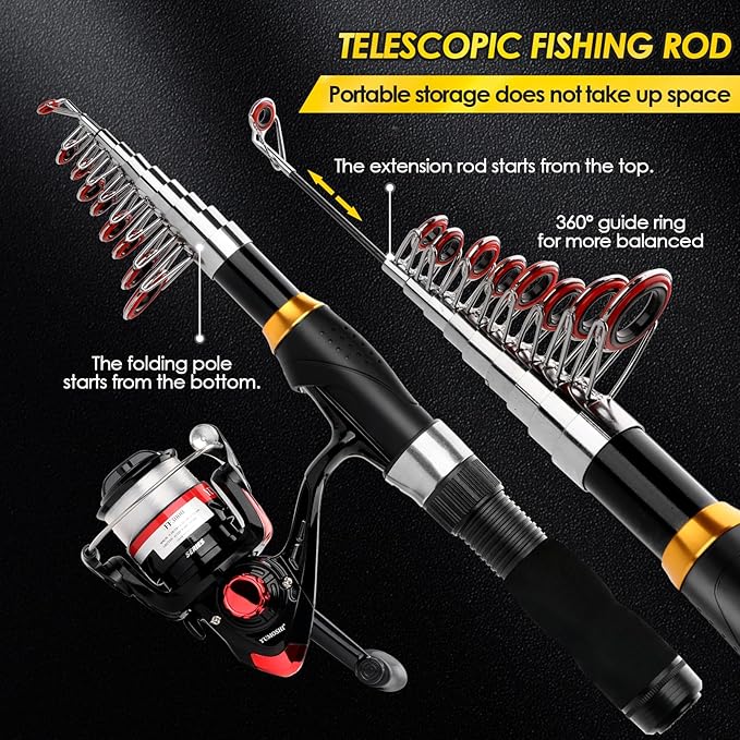 2PCS Telescopic Fishing Rod Reel Combo 6.89FT Collapsible Spinning Pole Kit Compact Fishing Lures Tackle Box Accessories Lightweight Travel Fishing Tool Set for Fishermen Gift