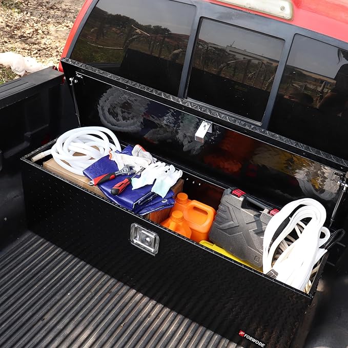 FORWODE 39&48 Inch Aluminum Truck Tool Box Lockable Truck Bed Tool Box Waterproof Truck Bed Storage Box with Gas Struts Side Handle Truck Tool Chest for Pickup, Truck Bed, RV, Trailer & Garage (Black)