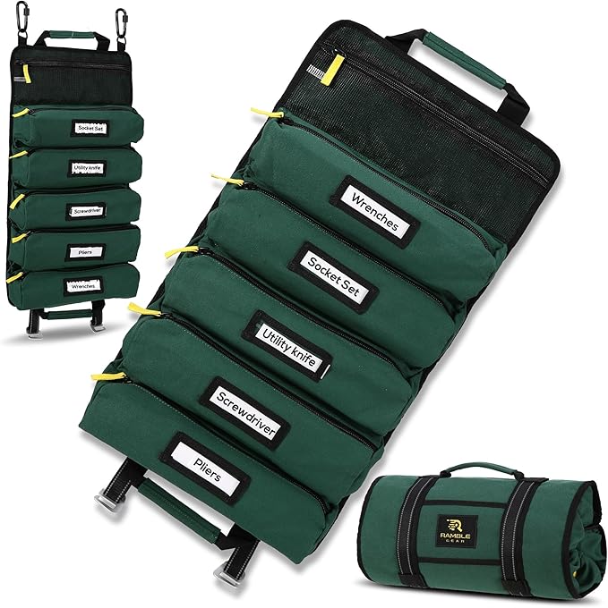 Roll Up Tool Bag Organizer – Heavy Duty Canvas Tool Roll Bag, Tool Roll Up with 5 Oversized Labeled Pockets & Carabiners, Portable Roll Up Tool Organizer for Mechanic, Truck & Car (Green)