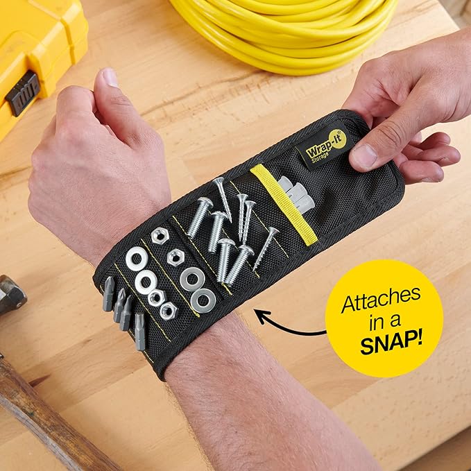 MagSnap Magnetic Wristband by Wrap-It Storage - Black - Great Father Gift Wrist Magnet Tool Belt and Screw Holder