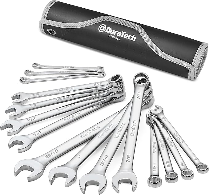 DURATECH Combination Wrench Set, SAE, 15-Piece, 1/4" to 1", 12-Point, CR-V Steel, with Rolling Pouch