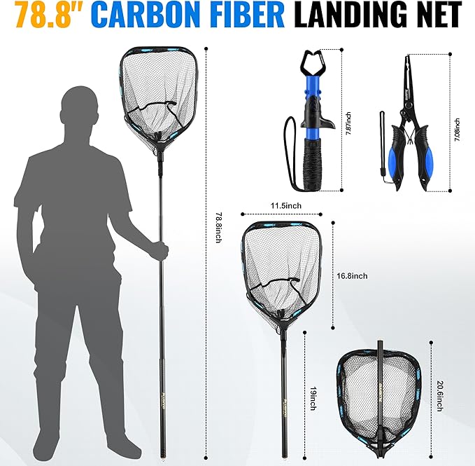 PLUSINNO Floating Fishing Net with Telescoping Handle, Carbon Fiber Ultralight Long Fish Net, Collapsible Landing Net 6.56/7.86Ft, Fishing Gear Kayak Accessories for Bass Trout Salmon