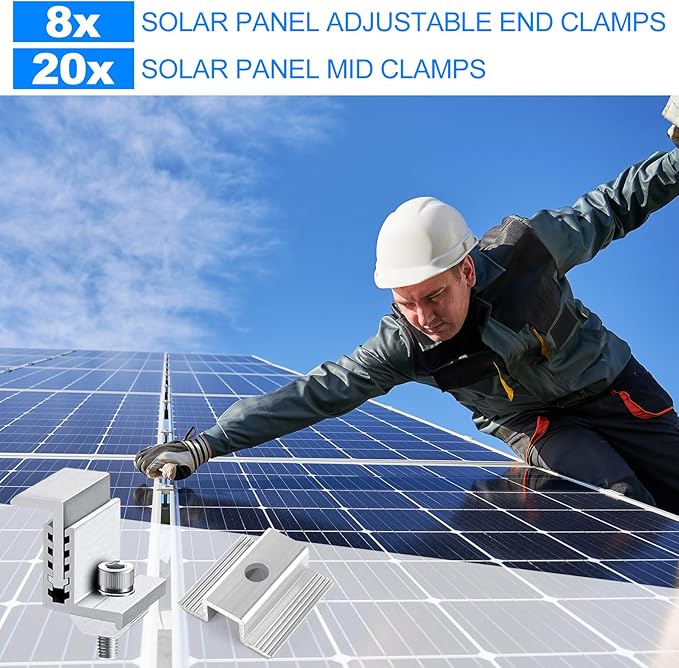 LANIAKEA 28PCS Solar Panel End Clamps 35-50 mm Adjustable End Panel Clamps Aluminum Solar Mid Clam for Metal Roof, Tin Roof, Flat Roof, Solar Panel PV Mounting System