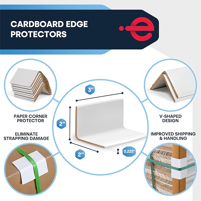 ESK Packaging® Strapping Edge Protectors, 2"W x 2"D x 3”L, Heavy Duty, White, Cardboard Corners for Shipping, 50/Pack