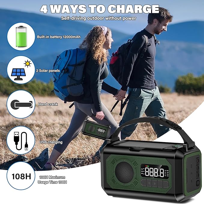 12000mAh Emergency Weather Radio, Hand Crank Solar Radio Portable AM/FM/NOAA Radio with 2 Solar Panels 3 Charging Methods SOS Alarm 3 Mode Flashlight Phone Charger Compass Reading Lamp