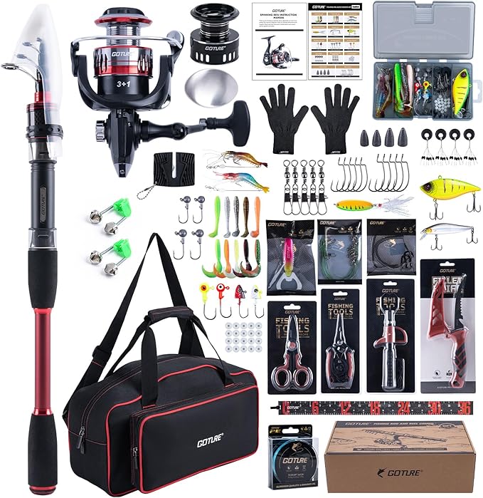Goture Fishing Rod and Reel Combo, Red Telescopic Fishing Pole with Full Starter Kit & Carrier Bag, Portable 24T Travel Spinning Rod for Bass Trout, Freshwater Beginners Gift