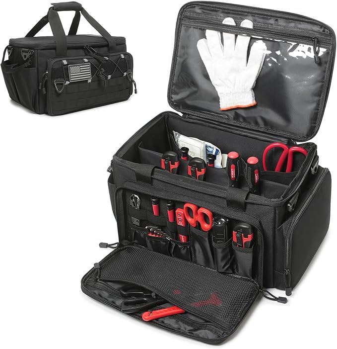 15-Inch Tool Bag Multi-purpose Tool Organizer Bag For Men with Shoulder Strap, Tactical Range Bag Work Tote for Repairman, Carpenters, Handymen (Black)