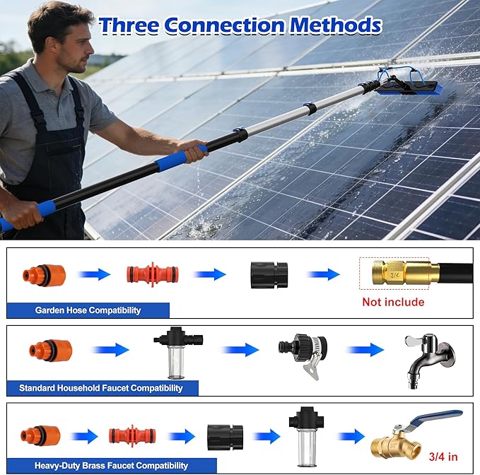 26Ft Reach Solar Panel Cleaning Brush Kit with 5-20ft Telescoping Pole - Telescopic Extension Pole with Dual Action Flip-Lock & Screw Fixing Design, Ideal for Snow Removal, Windows, Boats, RVs, Decks
