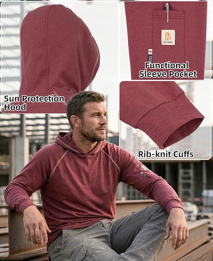 BOCOMAL FR Hooded T Shirts Heather Series 6oz Flame Resistant NFPA2112 CAT2 Fire Retardant Hoodies Work Shirt