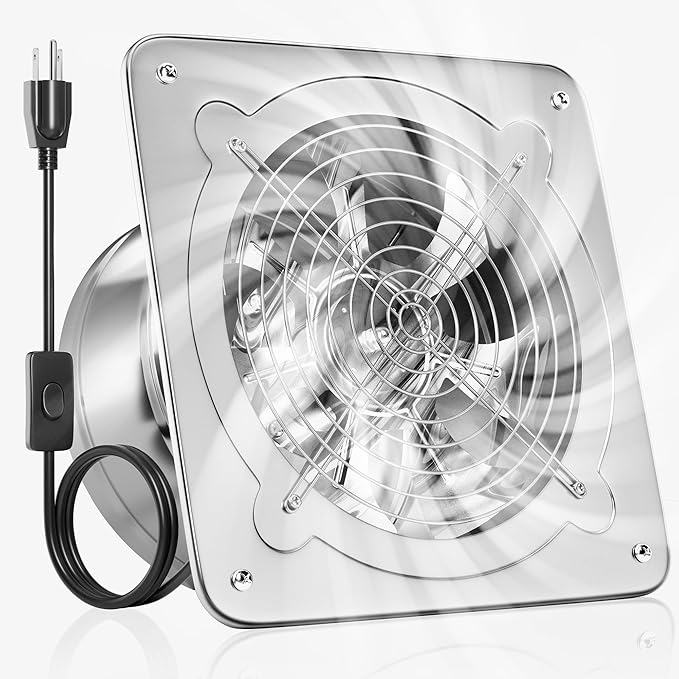 Voltset 10-Inch Industrial Exhaust Fan, 988 CFM Vent Fan for Garage with Power Cord Plug-in & Switch, Powerful Shop Ventilation, Fume Extractor Fan for Greenhouse Shed Smoking house, Silver
