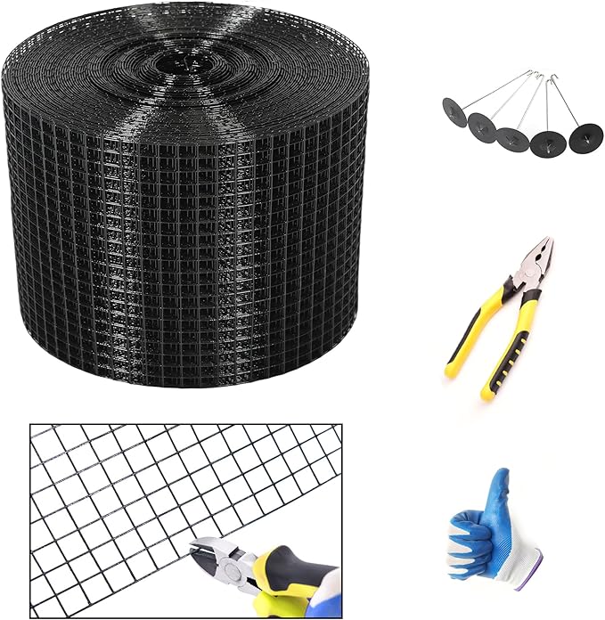 YESON Solar Panel Guard, 10in X 100ft PVC Coated Critter Guard Roll Kit for Solar Panel Wire Screen, Black Pigeon Barrier Netting with 120 Fastener Clips, Cutting Scissor, Gloves