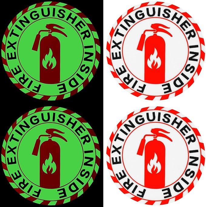 4 Pcs Fire Extinguisher Inside Sticker 2.76 x 2.76 Glow in the Dark Fire Extinguisher Sign Label Self Adhesive Waterproof Sticker for Indoor Outdoor Business Office Warehouse