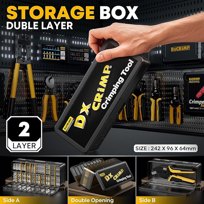 Crimping Tool Kit, 14-Type Open Spade & Quick-Disconnect Connector Set (2.8/3.9/4.8/6.3 mm) Non-Insulated Brass Terminals, 24–14 AWG Ratcheting Crimper, for Automotive, Marine, Appliance, DIY