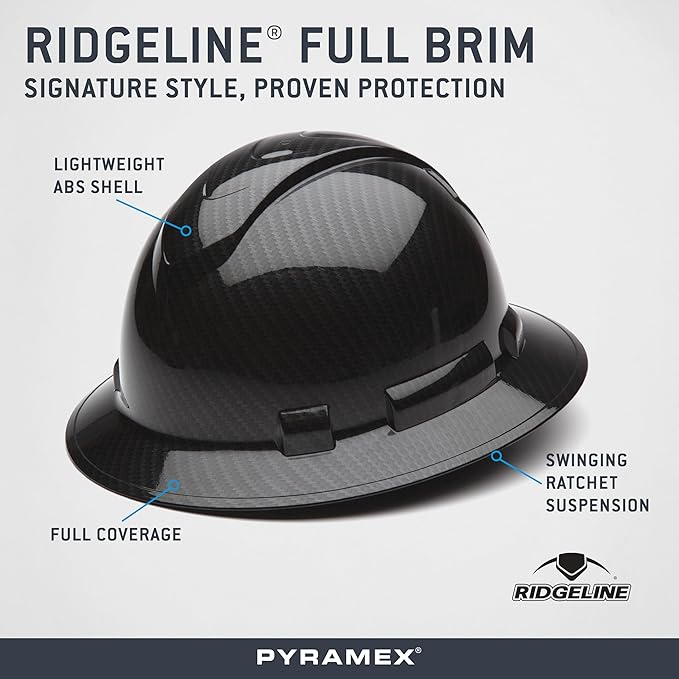 Pyramex Ridgeline Full Brim Hard Hat 4 Point Ratchet Shiny Black Graphite Pattern