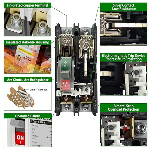 250Amp Molded Case Circuit Breaker MCCB 2 Poles DC500V Battery Disconnect Switch, PV Circuit Breaker or Main Power for Boat, Solar, UPS and Battery
