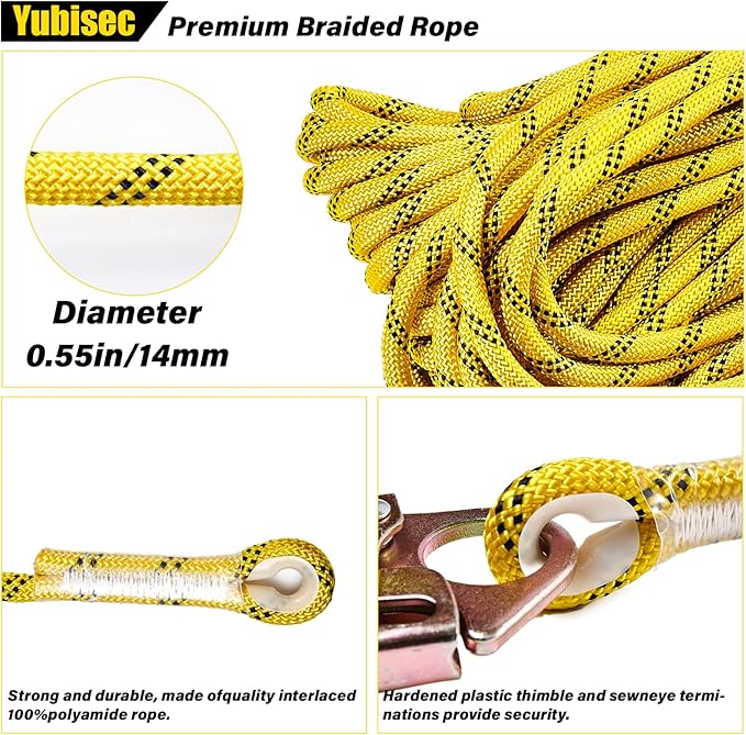 Rope Harness Safety Lanyard 50FT, Vertical Lifeline Assembly with Grab Snap Hooks Shock Absorber, Fall Protection Tree Climbing Lifeline Kit, Heavy Duty Roof Safety Equipment ANSI CE