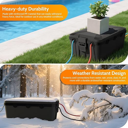 Wowbox Medium Outdoor Electrical Box Waterproof (12.6 x 8.5 x 5.2inch), Black Weatherproof Extension Cord Box w/6 Cable Entry, IP54 Waterproof Outdoor Outlet Covers for Power Strip, Plug