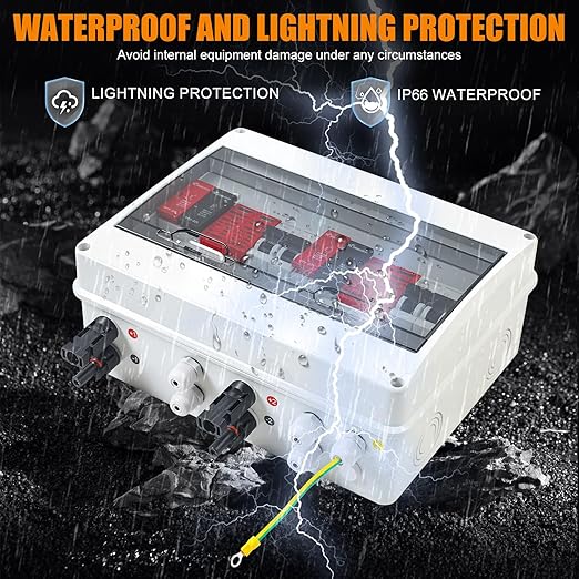 32A 600V DC PV Solar Combiner Box, 2 String 2 in 2 Out Solar Circuit Isolator Combiner Box for Solar Panels, Waterproof & Lightning Protection & Anti-UV Solar