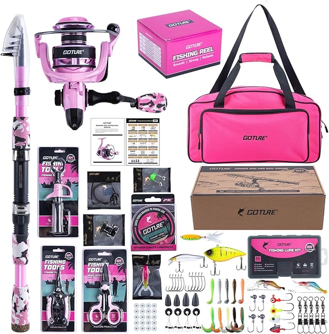 Goture Pink Fishing Rod and Reel Combo - ML Action Spinning Reel Pole with Pink Bag - Telescopic Rod Kit for Starter Travel Saltwater Freshwater, Gift for Woman