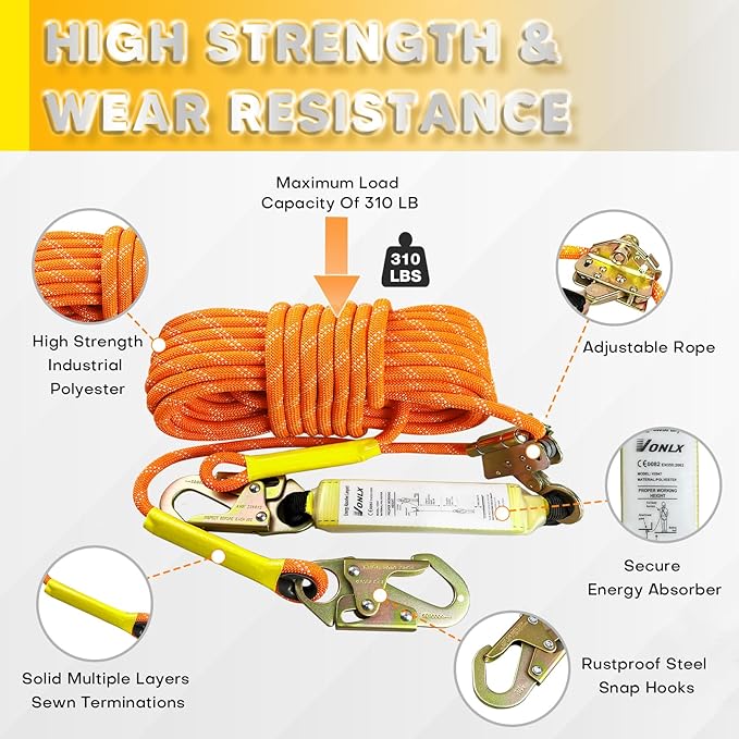 Fall Protection Safety Rope 100 FT Heavy Duty Vertical Roofing Rope with Alloy Steel Grab Snap Hooks Shock Absorber Fall Protection Tree Climbing Line Kit Tree Stand Safety Line Kit