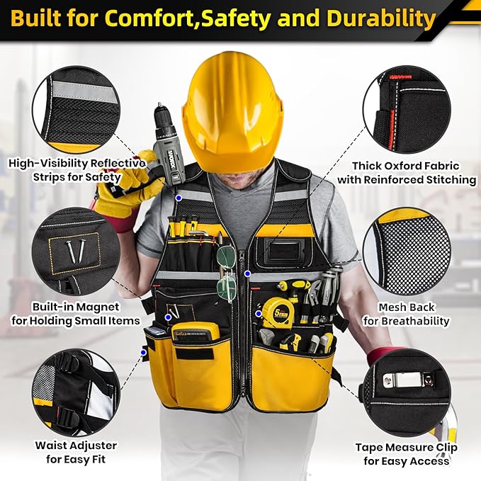 Electrician Tool Vest, Tool Vest for Men, Tool Vest Electrician with Drill Holster, 17 Storage Spaces, 1680D Heavy Duty Adjustable Work Vest with Reflective Strips, Yellow