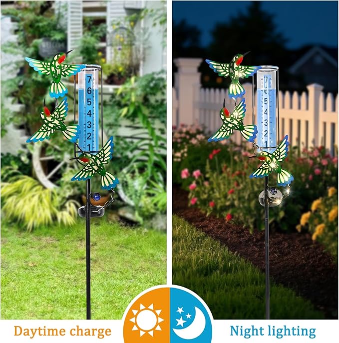 WONDER GARDEN Solar Rain Gauge Outdoor, Hummingbird Decorative Rain Gauges Outdoors Best Rated, Freeze Proof Water Rain Measure Gauge for Yard Patio Lawn Garden Decor
