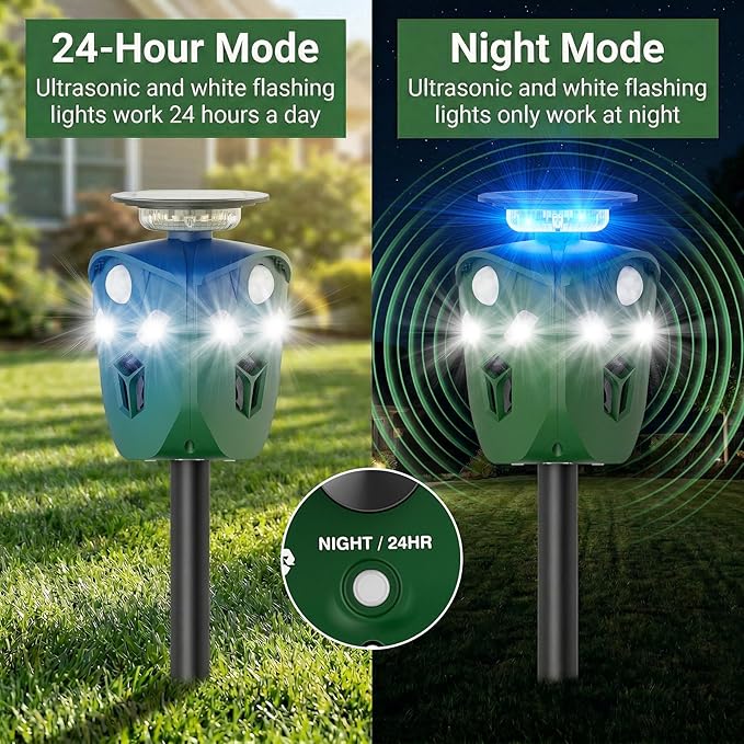 360° Solar Ultrasonic Animal Repellent Outdoor, Deer Repellent Devices with Flash Lights, Animal Deterrent Devices Outdoor for Squirrels, Snakes, Cats, Dogs, Rabbits, Opossums, Coyotes, Raccoons