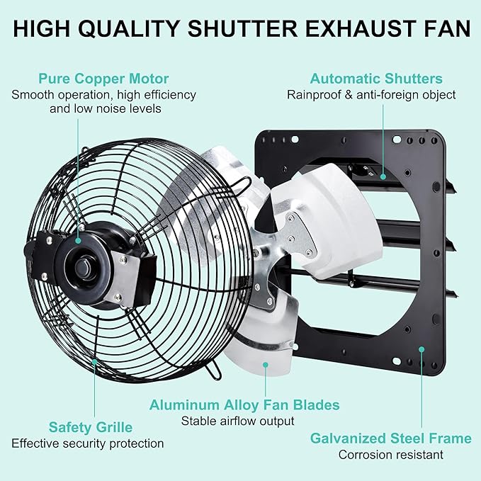 7 Inch Shutter Exhaust Fan, Wall Mounted Attic Fan with Power Cord for Greenhouse, Shed, Garage, Barn, Chicken Coop Ventilation, 760 CFM, Black