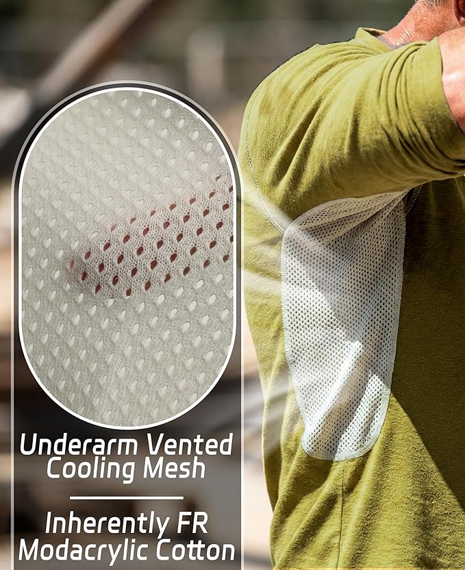 BOCOMAL FR Shirts for Summer Breathable Vented Design 6oz Heather Jersey Flame Resistant Long Sleeve Crew T Shirt