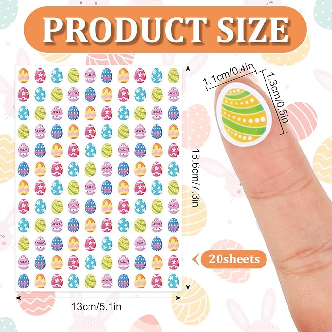 JarThenaAMCS 2400Pcs Easter Egg Mini Sticker Colorful Paper Decals 6 Egg Styles Self-Adhesive Stickers for Spring Holiday Envelopes Scrapbook Gifts DIY Supplies, 0.4 x 0.5 in