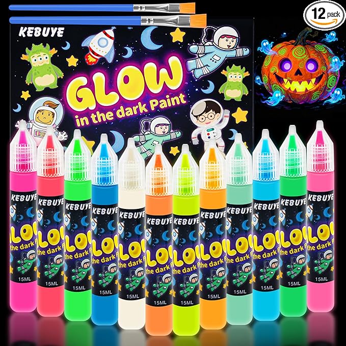 Glow in the Dark Acrylic Paint - Set of 12 Colors, Uv Reactive Blacklight Paints for Painting Outdoor and Indoor Decoration - Fluorescent Paint Kit for Canvas Art Supplies for Easter Chrismas Painting