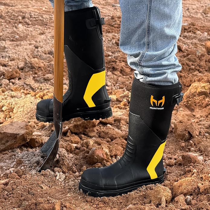 Rubber Work Boots, Puncture-Proof with Steel Toe & Shank, Lightweight Waterproof Anti Slip EVA Outsole Hunting Boots for Men, 6mm Neoprene for Construction, Manufacturing or Farming(Size 6-14)