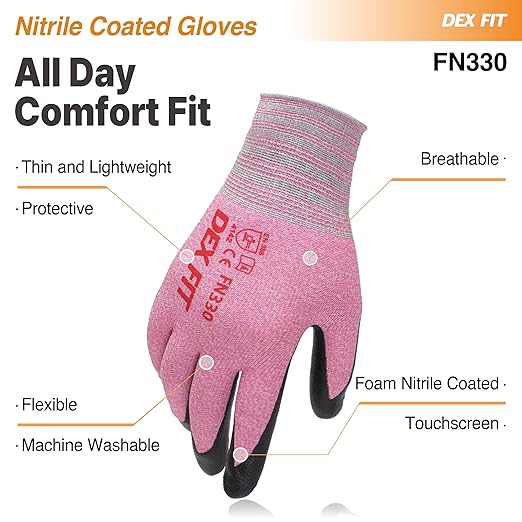 DEX FIT Nitrile Work Gloves FN330, 3 Pairs, 3D-Comfort Stretchy Fit, Firm Grip, Thin & Lightweight, Touch-Screen Compatible, Durable, Breathable & Cool, Machine Washable; Pink M (8)