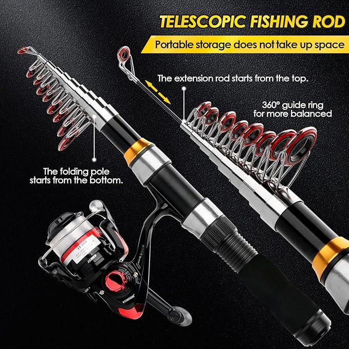 Telescopic Fishing Rod Reel Combo 2PCS 6.89FT Collapsible Fishing Pole Spinning Reel Lures Accessories with Fishing Bag Portable Fishing Rod Kit for Saltwater Freshwater Travel Fishermen Gift