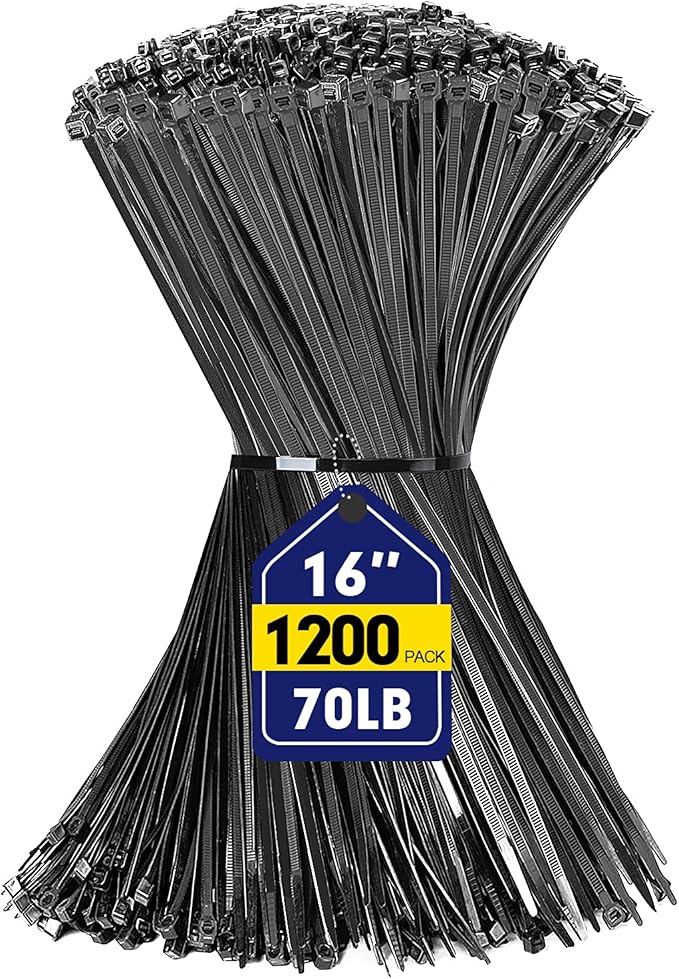 Zip Ties, RAZCC 1200pcs Black Cable Zip Ties 16 Inch, Heavy Duty Plastic Wire Ties with 70lb Tensile Strength, Self-Locking Black Nylon Tie Wraps for Indoor and Outdoor