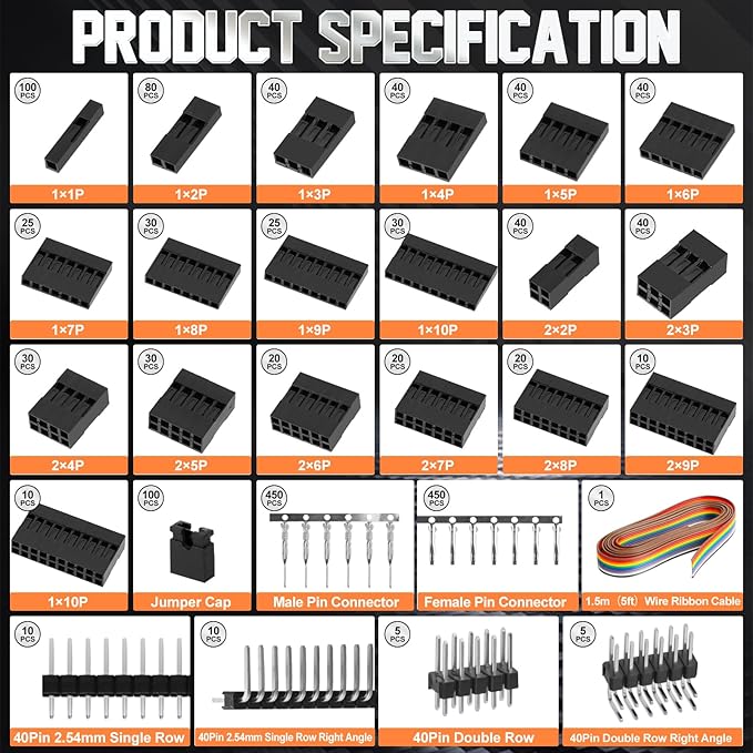 Dupont Crimping Tool Kit, 2870 PCS 2.54mm Connector Assortment, SN-58B Ratcheting Wire Crimper AWG 24–16 (0.25–1.5mm²), 1–10 Pin & 2×2–2×9 Housings, 40-Pin Headers, Jumper Caps & Ribbon Cable