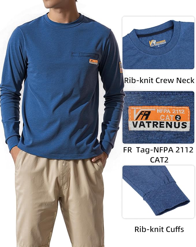 VATRENUS FR Shirt for Men Crewneck Midweight Utility Pocket Fire Resistant Long Sleeve Work Shirts NFPA2112 CAT2