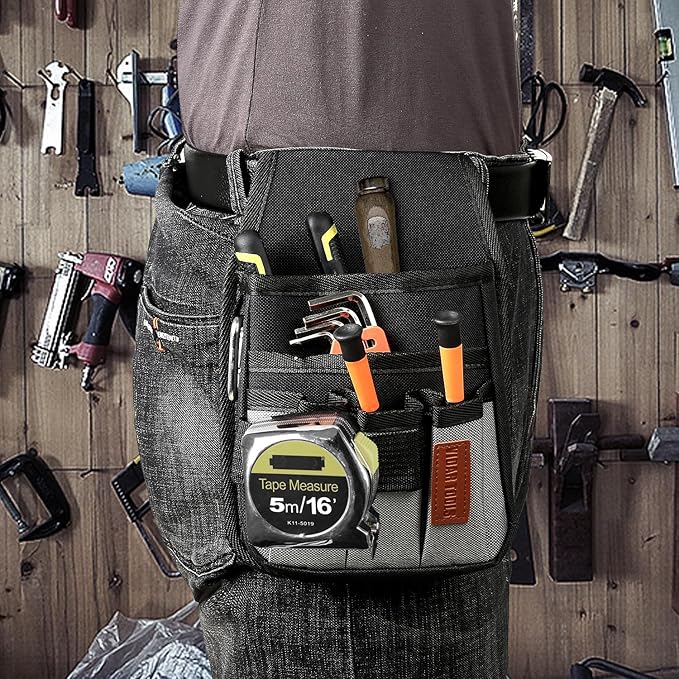 Small Tool Pouch with Belt Clip,Tool Belt Pouches,Electrician Tool Pouch.Mini Organizer Pocket Attachment for Tool Belt,5 Pockets and Heavy-Duty Metal Belt Clip Attachment.…