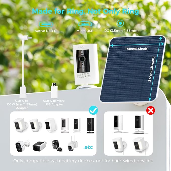 5V Solar Panel for Seucrity Cameres, For Bird Feeder Trail Cam, Ring Tapo Eufy Vicohome Eseecloud, Native USB-C, Micro-USB & DC 3.5mm*1.35mm 9.8 Ft Cable 23% Energy Conversion 180 Days Exchange Policy