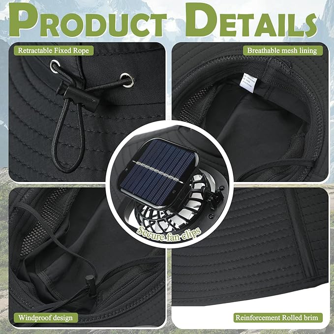 Berlune Men Sun Hat with 2 Solar Fans Wide Brim Outdoor Fishing Hat USB & Solar Powered for Sun Protection Camping Hiking