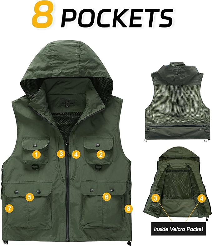 M2C Mens Hooded Mesh Multiple Pockets Traveling Vest