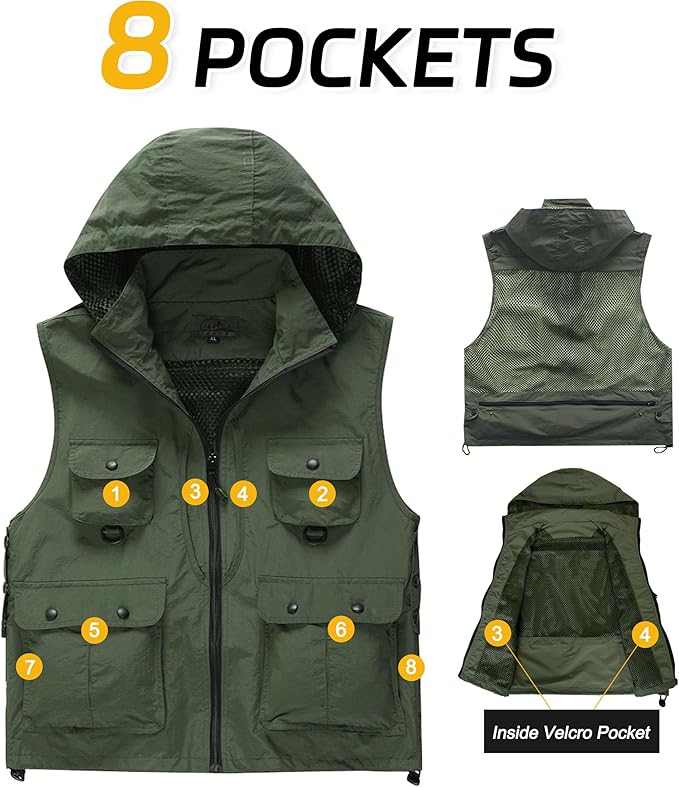 M2C Mens Hooded Mesh Multiple Pockets Traveling Vest