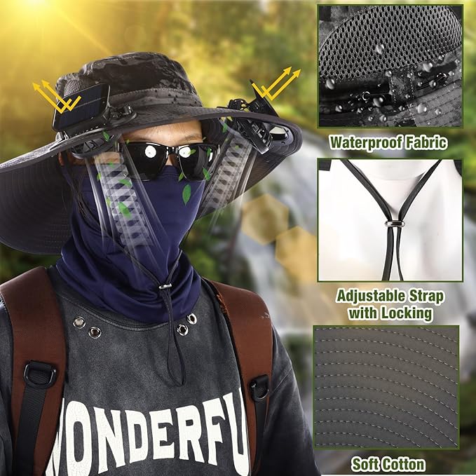 Syhood Solar Powered Fan Hat with Arm Sleeves Neck Gaiter for Men Women Outdoor Wide Brim Bucket Hat with Fan for Hiking