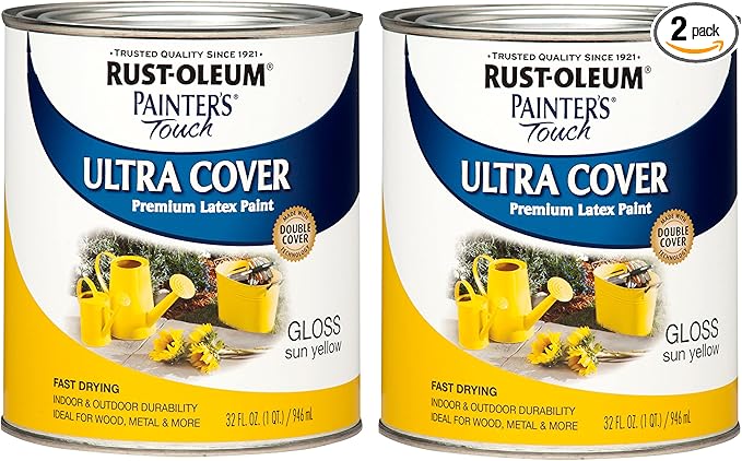 Rust-Oleum 1945502 Painter's Touch Latex Paint, Gloss Sun Yellow, 1 Quarts(Pack of 2)